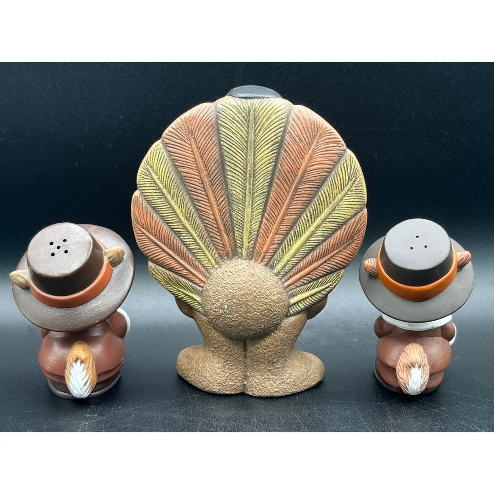 Vtg 3 Pc Thanksgiving Pilgrim Bear Turkey Figurine Squirrel Salt Pepper Shakers